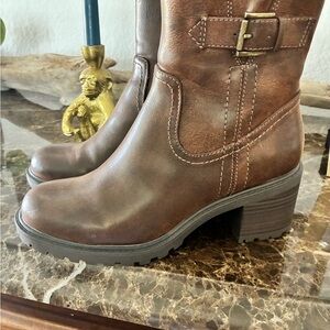Frye and Co Brown Vegan Leather Heeled Boots with Buckle